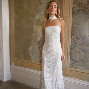 White Lace Strapless Maxi Dress with Delicate Floral Overlay